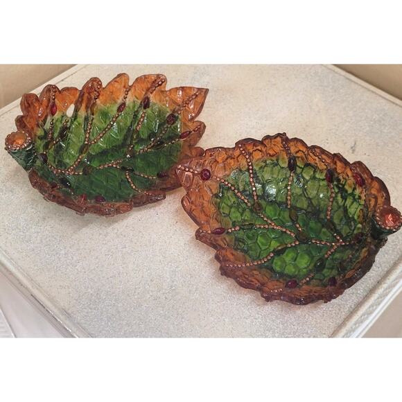 Two Resin Leaf Dishes Translucent Green and Brown 5.5" Long 1.5" Tall - Picture 1 of 7